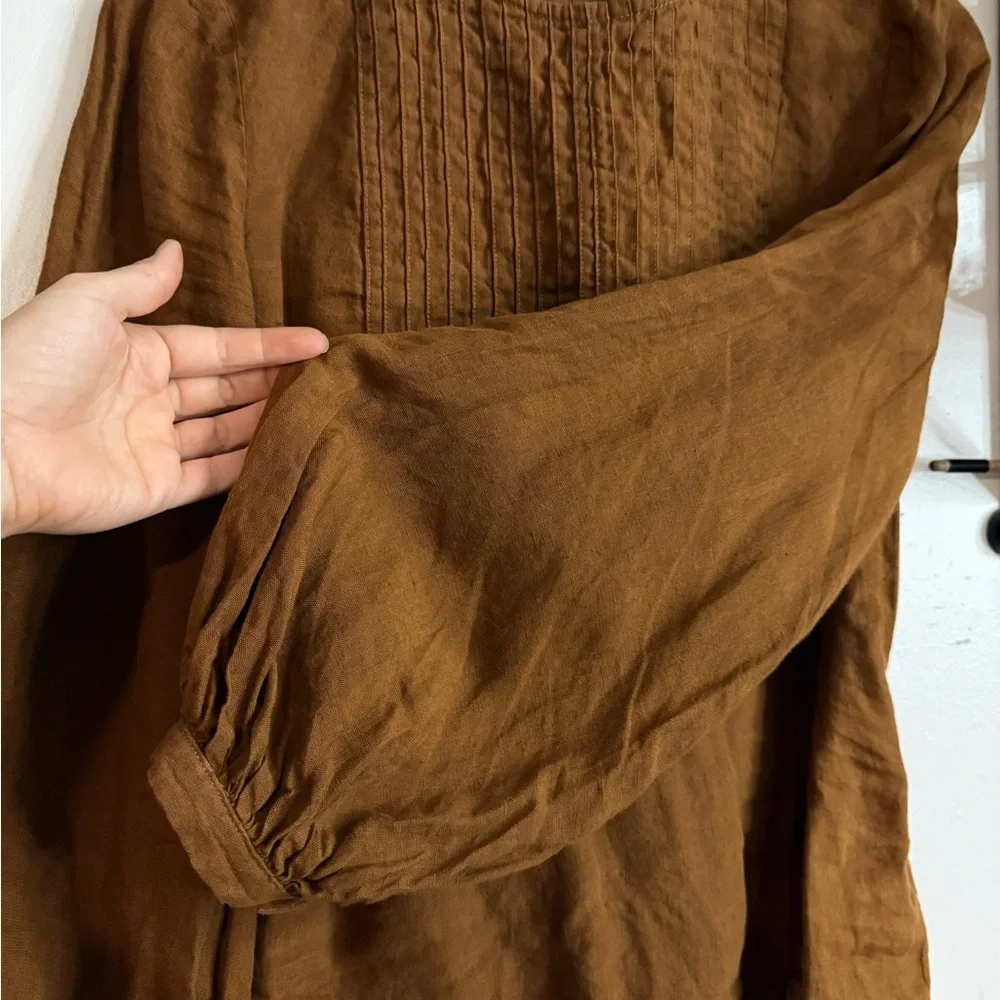 Son de Flor | Warm Brown Long Sleeve Women's Top | 100% Linen - Picture 3 of 11